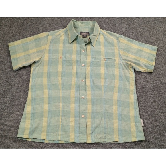 Woolrich Tops - Woolrich Women's Green Striped Cotton Short Sleeve Button Front Shirt Medium